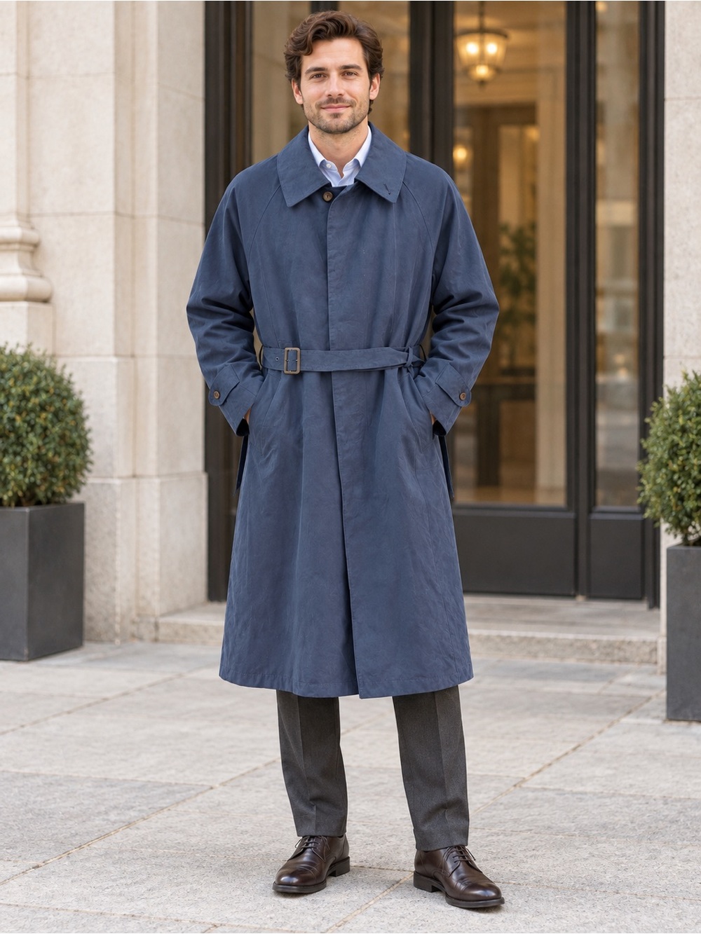 London Fog Men’s 40R Blue Belted Trench Coat Raincoat Classic